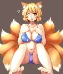  animal_ears bad_id bikini blonde_hair breasts collarbone feet fox_ears fox_tail heart large_breasts multiple_tails navel no_hat no_headwear onodera_(ilovehitagi) open_mouth revision simple_background solo swimsuit tail toenails toes touhou wink yakumo_ran yellow_eyes 