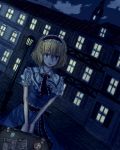  alice_margatroid blonde_hair blue_eyes building capelet city cloud clouds dress frills hairband hbkhk2007 highres lamppost night postage_stamp ribbon sash shanghai_doll short_hair smile solo street suitcase touhou window 