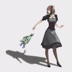  bolero bouquet breasts brown_eyes brown_hair cleavage corset cropped_jacket dress flower hair_ornament highres original outstretched_arm pantyhose short_hair simple_background solo standing travo 