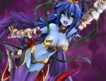  :d arm_up armor asmodeus_(shinrabanshou) astaroth_(shinrabanshou) black_sclera blue_hair blue_skin breasts character_request cleavage demon_girl demon_horns fang flower gauntlets haik hat horns long_hair low_wings navel open_mouth pointy_ears purple_legwear rose shinrabanshou smile solo thigh-highs thighhighs vines wings yellow_eyes 