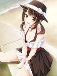  :d beach between_legs breasts brown_hair choker cleavage halter_top halterneck hand_between_legs hat hat_ribbon heart highres looking_at_viewer okita_sawa open_mouth ribbon sany sitting smile solo tari_tari twintails v_arms water 