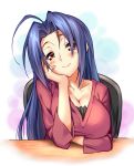  ahoge arm_support blue_hair blush breasts brown_eyes cleavage hand_on_own_face idolmaster large_breasts long_hair looking_at_viewer miura_azusa piromizu red_eyes sitting smile solo white_background 