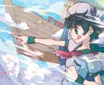  black_hair cloud clouds flying green_eyes hat inuinui murasa_minamitsu outstretched_arms palanquin_ship pointing puffy_sleeves ship short_hair short_sleeves sky solo tongue touhou wristband 