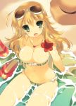  bare_shoulders beach bikini blonde_hair breasts cleavage enomoto_hina flip-flops flower from_above green_bikini green_eyes hat heart hibiscus hoshii_miki idolmaster jewelry large_breasts long_hair navel necklace partially_submerged sandals sitting smile solo straw_hat sunglasses sunglasses_on_head swimsuit vertical-striped_bikini vertical_stripes water wet 