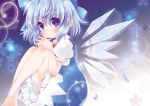  bare_legs blue_hair blush bow cirno hair_bow highres ice ice_wings puffy_sleeves purple_eyes short_sleeves smile solo tears touhou translated translation_request usagiya-shiina violet_eyes wings 