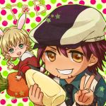  2boys animal_ears barnaby_brooks_jr blonde_hair brown_eyes brown_hair bunny_ears bunny_tail cabbie_hat carrot chibi equal-e-p facial_hair glasses hat kaburagi_t_kotetsu kemonomimi_mode lips mayonnaise multiple_boys necktie rabbit_ears stubble tail tiger_&amp;_bunny v vest waistcoat 