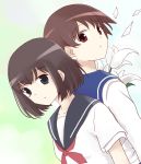  back-to-back bad_id brown_hair flower lily_(flower) makino makino_tomoyasu miyanaga_saki multiple_girls onjouji_toki saki saki_achiga-hen school_uniform serafuku short_hair simple_background 