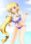  :d bikini blonde_hair blush breasts cleavage diesel-turbo fate_testarossa flower hair_flower hair_ornament long_hair lyrical_nanoha mahou_shoujo_lyrical_nanoha mahou_shoujo_lyrical_nanoha_strikers mound_of_venus open_mouth smile solo swimsuit water 