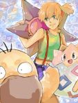  bare_shoulders green_eyes kasumi_(pokemon) misty_(pokemon) orange_hair pokemon pokemon_(anime) psyduck short_hair side_ponytail smile staryu suspenders tegaki togepi 