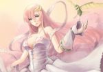  bare_shoulders bird blue_eyes breasts detached_sleeves dress gundam gundam_seed hair_ornament highres lacus_clyne large_breasts long_hair pink_hair shawl sky_of_morika torii_(gundam) 