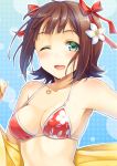  ;d amami_haruka bikini blush breasts brown_hair floral_print green_eyes hair_ribbon heart heart_necklace idolmaster jewelry k.y_ko long_hair necklace open_mouth outline ribbon short_hair smile solo swimsuit wink 