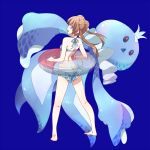  1girl bikini blue_background blue_eyes brown_hair creature double_bun frilled_bikini frillish frills innertube jellicent long_hair looking_back looking_behind mei_(pokemon) pokemon pokemon_(creature) pokemon_(game) pokemon_bw2 swimsuit tatuta_ryu twintails 