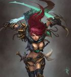  armor belt blue_eyes breasts chain chains cleavage dagger down_blouse dual_wielding gauntlets highres navel paul_kwon pouch red_hair redhead reverse_grip rogue_(warcraft) shiramune shorts signature solo spaulder spaulders warcraft weapon 
