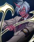  armband bad_id blue_background blue_hair genderswap glasses green_eyes horn kneesocks_(psg) kooki male muted_color panty_&amp;_stocking_with_garterbelt red_skin scythe short_hair solo 