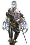  bare_shoulders belt breasts erect_nipples gloves grey_hair halterneck hand_on_hip highres honjou_raita huge_breasts knee_pads legs long_hair long_legs military military_uniform official_art pantyhose raita rapier red_eyes selvaria_bles senjou_no_valkyria silver_hair slender_waist solo sword thighs uniform very_long_hair weapon 