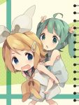  :o bad_id blonde_hair blue_eyes carrying green_eyes green_hair hair_ornament hair_ribbon hatsune_miku kagamine_rin multiple_girls non_(hey_you!) open_mouth ousaka_nozomi piggyback ribbon short_hair twintails vocaloid wavy_mouth young 