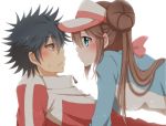  blue_eyes blush brown_hair couple double_bun hiro_(hirohiro31) hue_(pokemon) jacket lying_on_person mei_(pokemon) pokemon pokemon_(game) pokemon_bw2 profile raglan_sleeves red_eyes ribbon spiked_hair spiky_hair twintails visor_cap white_background 