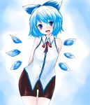  1girl alternate_costume arms_behind_back bare_shoulders bike_shorts blue_eyes blue_hair blush bow cirno detached_wings hair_bow han_(jackpot) ice ice_wings open_mouth ribbon short_hair sleeveless smile solo thigh_gap touhou wings 