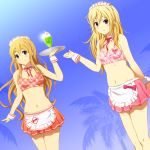  apron blonde_hair blue_eyes blush glass headdress holding k-on! kotobuki_tsumugi long_hair looking_at_viewer looking_back multiple_girls navel plaid saitou_sumire shian_(my_lonly_life.) skirt smile tray waist_apron wrist_cuffs 