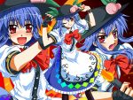  blue_hair blush bow fingerless_gloves food fruit gloves hat hinanawi_tenshi leaf long_skirt lowres open_mouth peach puffy_sleeves red_eyes short_sleeves skirt smile sword sword_of_hisou takana_shinno touhou weapon wink 