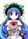  blue_hair bow crossed_arms food fruit hat hinanawi_tenshi leaf long_hair mitamano peach puffy_sleeves red_eyes short_sleeves smile solo touhou very_long_hair 