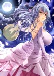  absurdres amasora_taichi bare_shoulders blue_hair breasts brown_eyes cloud clouds dress elbow_gloves full_moon gengan gloves gourd hair_stick headdress heart highres holding huge_breasts koihime_musou long_hair moon night night_sky sky smile solo 