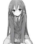  blush k-on! long_hair looking_at_viewer lowres monochrome nakano_azusa picocopi simple_background solo white_background 
