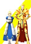  1boy 1girl ahoge armor armored_dress blonde_hair crossed_arms dress earrings fate/zero fate_(series) faulds gauntlets gilgamesh green_eyes hair_ribbon hands_on_hips jewelry ng7u6t red_eyes ribbon saber 