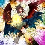  1girl arm_cannon bad_id bird_wings bow brown_hair cape clenched_hands hair_bow highres komeiji_satori long_hair miniskirt multiple_girls open_mouth puffy_sleeves radiation_symbol red_eyes reiuji_utsuho ringetsumon short_sleeves silhouette skirt symbol-shaped_pupils touhou weapon wings 