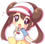  blue_eyes brown_hair chibi mei_(pokemon) mirai_(sugar) open_mouth pokemon pokemon_(game) pokemon_bw2 raglan_sleeves skirt solo v visor_cap 
