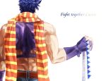  1boy blue_hair crop_top from_behind jojo_no_kimyou_na_bouken joseph_joestar_(young) midriff mitarashi_(mimi88884) ribbon scarf solo striped striped_scarf 