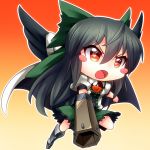  &gt;:o arm_cannon black_hair blush_stickers cape chibi gradient gradient_background kimagure_ringo long_hair outline red_eyes reiuji_utsuho solo touhou weapon wings 