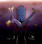  blood bracelet chair fate/zero fate_(series) highres jewelry knife male orange_hair outstretched_arms piroshiki123 planted_weapon reflection sitting solo uryuu_ryuunosuke weapon 