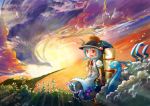  altaria alternate_hair_length alternate_hairstyle ascot backpack bag blue_hair cloud clouds fang flower food frog fruit gloves hat highres hinanawi_tenshi leaf long_skirt open_mouth peach pokemon puffy_sleeves red_eyes short_hair short_sleeves skirt solo standing sunset tako touhou 