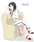 1boy airi_h china_dress chinese_clothes couch crossdressinging crossed_legs dress fate/zero fate_(series) green_eyes green_hair legs_crossed sitting solo sweatdrop trap waver_velvet 