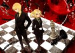  1boy 1girl blonde_hair chain chains chess_pieces chessboard chie_(mizzkoko) fate/stay_night fate/zero fate_(series) formal gilgamesh green_eyes highres long_hair necktie pant_suit ponytail red_eyes revision saber suit 