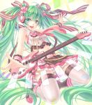  ahoge bass_guitar belt electric_guitar green_eyes green_hair guitar hair_ribbon hatsune_miku headset highres instrument kneeling long_hair looking_at_viewer maple midriff necktie outstretched_arms ribbon skirt solo spread_arms thigh-highs thighhighs twintails very_long_hair vocaloid 