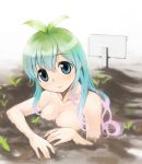  aqua_eyes aqua_hair breasts cleavage gradient_hair green_hair ikeda_jun leaf multicolored_hair nude original plant_girl sign soil solo sprout 