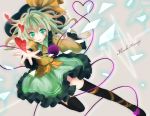  black_legwear green_eyes hat hat_ribbon heart heart_of_string komeiji_koishi komeiji_satori leg_ribbon long_sleeves looking_at_viewer oshio_(dayo) oshiodayo outstretched_arm outstretched_hand ribbon shirt silver_hair skirt solo thigh-highs thighhighs third_eye touhou wide_sleeves zettai_ryouiki 