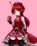  apple bad_id black_legwear blush food fruit lance long_hair magical_girl mahou_shoujo_madoka_magica polearm ponytail red_eyes red_hair redhead ribbon sakura_kyouko skirt sol solo tachi_(mogurazero) thighhighs weapon 