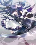  blue_eyes blue_hair boots detached_sleeves dress gradient gradient_background gun hair_ornament hairclip holding long_hair open_mouth original scythe solo tears weapon yamiko yamiya 