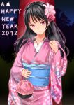  2012 amasora_taichi black_hair blush breasts e flower hair_flower hair_ornament holding japanese_clothes kimono large_breasts long_hair looking_at_viewer new_year night night_sky open_clothes open_robe original red_eyes sky solo star_(sky) 