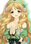  atelier_(series) atelier_ayesha ayesha_altugle benimaru512 bow breasts brown_eyes brown_hair cleavage flower hair_flower hair_ornament hands_clasped hat long_hair payot puffy_sleeves ribbon smile solo 