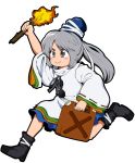  blush_stickers flame fuantei gas_can gasoline grey_eyes grey_hair hat japanese_clothes kariginu long_hair mononobe_no_futo ponytail skirt smile solo sparkle tate_eboshi torch torchic touhou 