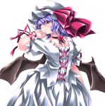  alternate_costume arm_ribbon bat_wings fingernails flower hat hat_ribbon highres lavender_hair puffy_sleeves red_eyes red_rose remilia_scarlet ribbon ribbon_choker rose sharp_fingernails sharp_nails short_hair simple_background skirt skirt_set solo touhou white_background wings wrist_ribbon yoiti 