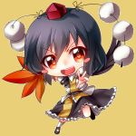  :d black_hair blush_stickers chibi hat holding kimagure_ringo open_mouth outstretched_arm shameimaru_aya short_hair simple_background smile solo tokin_hat touhou yellow_background 