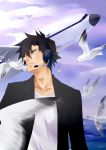  1boy airplane bird black_eyes black_hair emiya_kiritsugu fate/zero fate_(series) headset highres komathi seagull solo young 