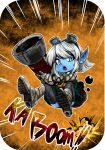  blue_eyes blue_skin bullet cannon explosion gauntlets goggles goggles_on_head hoshinokaoru league_of_legends pointy_ears silver_hair solo tristana 