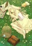  animal_ears bird birdcage blonde_hair book briefcase bunny bunny_ears cage closed_eyes clover corset dress eyes_closed four-leaf_clover hat inkwell leaf long_hair lying makoto2ryu on_side open_book original parakeet quill rabbit rabbit_ears ryunosuke_takahashi sleeping solo takahashi_ryuunosuke top_hat 