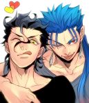  :p ahoge black_hair blue_hair casual earrings fate/stay_night fate/zero fate_(series) jewelry lancer lancer_(fate/zero) long_hair male mole multiple_boys ponytail red_eyes sirou69 tongue wink yellow_eyes 